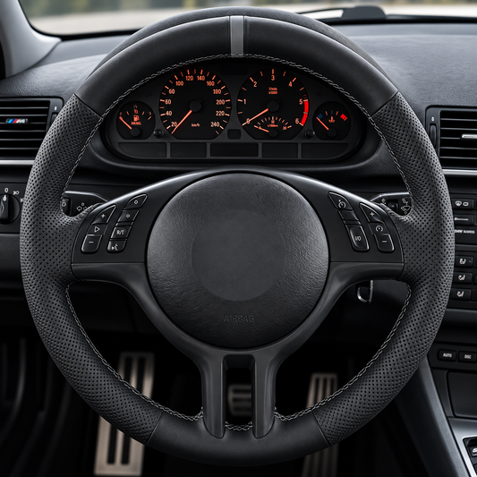 Performance Lenkradbezug passend für BMW E36 E46 E39 E38 E31 E83 E53 Z3 – Leder – graue 12-Uhr-Markierung