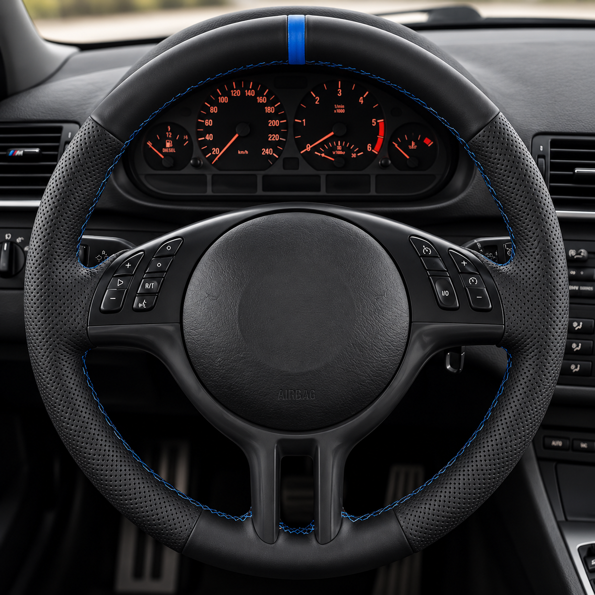 Performance Lenkradbezug passend für BMW E36 E46 E39 E38 E31 E83 E53 Z3 – Leder – blaue 12-Uhr-Markierung