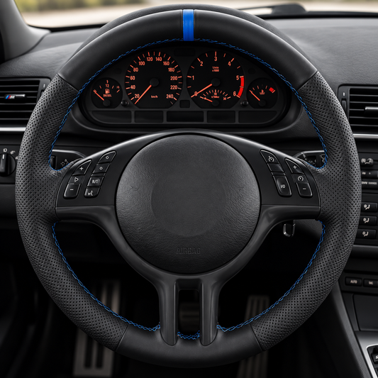 Performance Lenkradbezug passend für BMW E36 E46 E39 E38 E31 E83 E53 Z3 – Leder – blaue 12-Uhr-Markierung