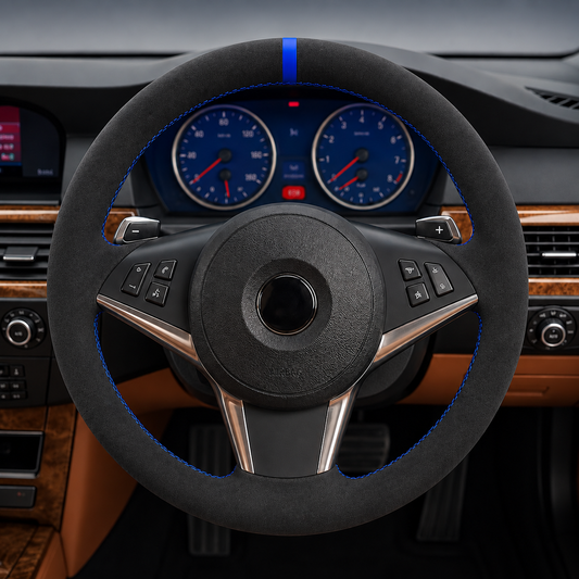 Performance Lenkradbezug passend für BMW E60 E61 E63 E64 – Alcantara – blaue 12-Uhr-Markierung