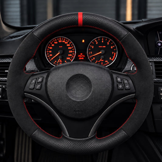 Performance Lenkradbezug passend für BMW E81 E82 E87 E88 E90 E91 E92 E93 E84 – Alcantara/Leder rote 12-Uhr-Markierung