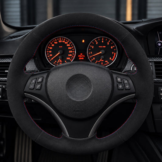 Performance Lenkradbezug passend für BMW E81 E82 E87 E88 E90 E91 E92 E93 E84 – Alcantara rot/blau