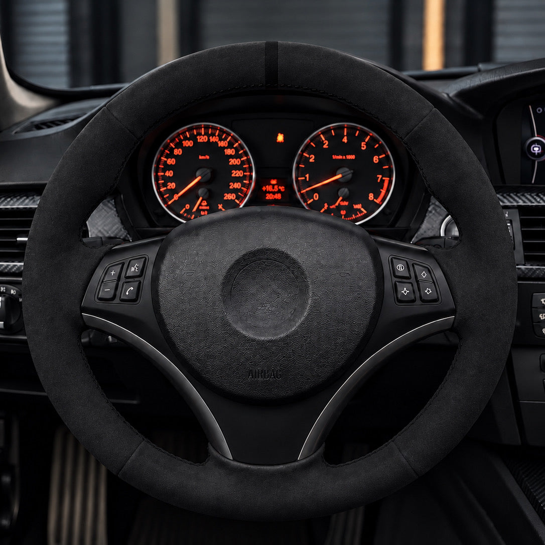 Performance Lenkradbezug passend für BMW E81 E82 E87 E88 E90 E91 E92 E93 E84 – Alcantara schwarze 12-Uhr-Markierung