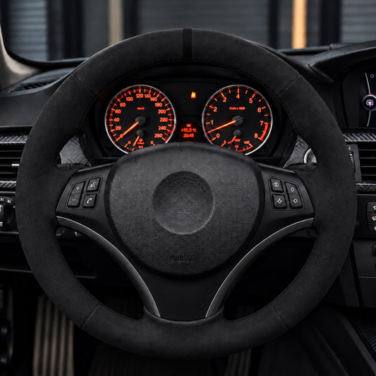 Performance Lenkradbezug passend für BMW E81 E82 E87 E88 E90 E91 E92 E93 E84 – Alcantara schwarze 12-Uhr-Markierung