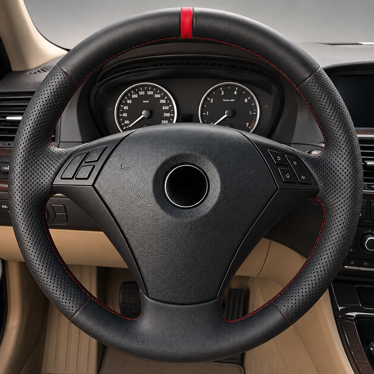 Performance Lenkradbezug passend für BMW E60 E61 E63 E64 – Leder – rote 12-Uhr-Markierung