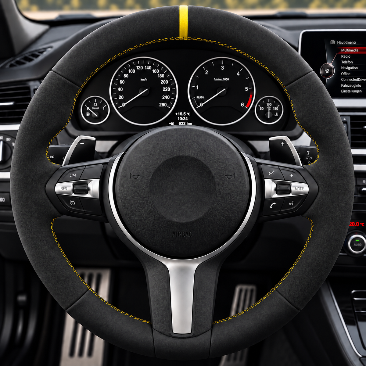 Performance Lenkradbezug passend für BMW F20 F21 F22 F23 F45 F46 F87 F30 F31 F34 F80 F32 F33 F36 F82 F83 F10 F11 F07 F06 F12 F13 F48 F39 F25 F26 F15 F85 F16 F86 – Alcantara – gelbe 12-Uhr-Markierung