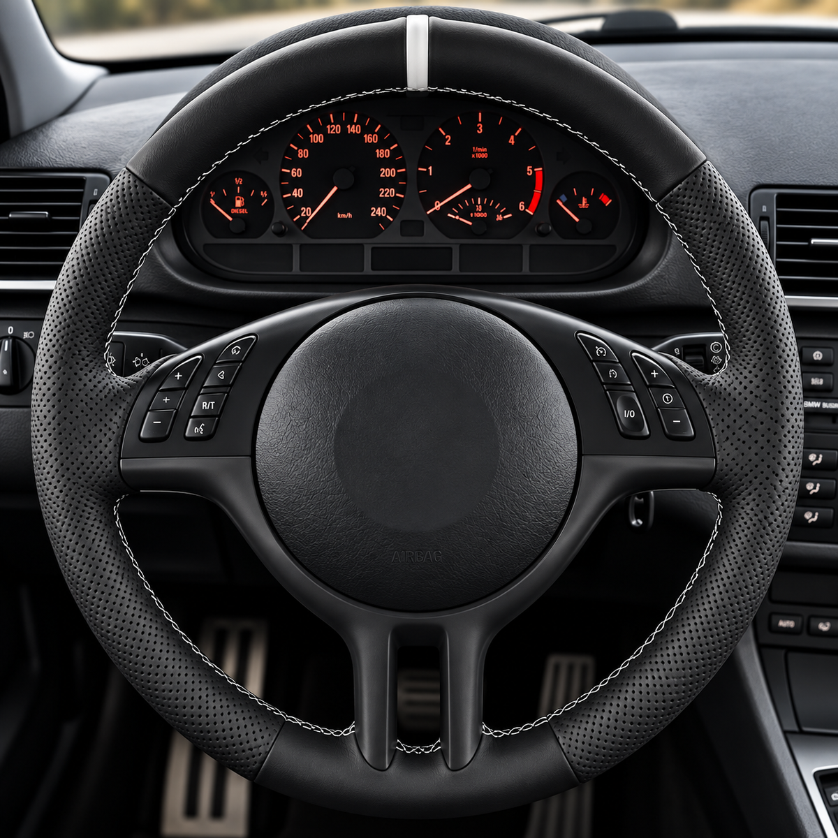 Performance Lenkradbezug passend für BMW E36 E46 E39 E38 E31 E83 E53 Z3 – Leder – weiße 12-Uhr-Markierung