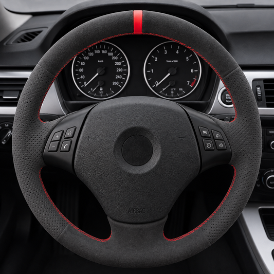 Performance Lenkradbezug passend für BMW E81 E82 E87 E88 E90 E91 E92 E93 E84 – Alcantara – rote 12-Uhr-Markierung