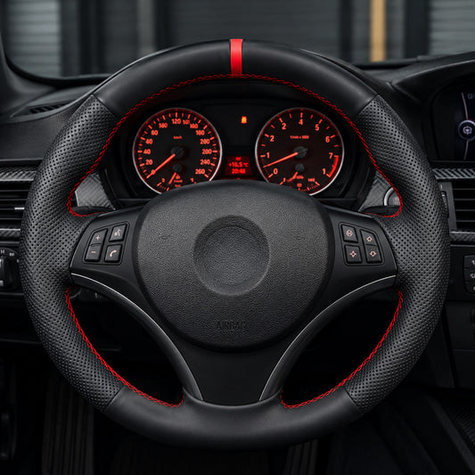 Performance Lenkradbezug passend für BMW E81 E82 E87 E88 E90 E91 E92 E93 E84 – Leder rote 12-Uhr-Markierung