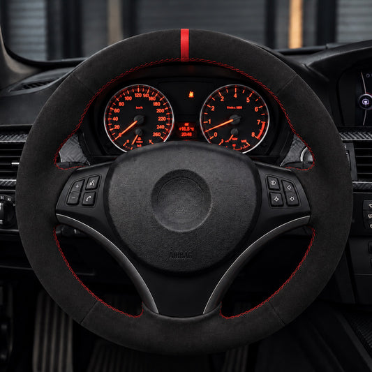 Performance Lenkradbezug - Alcantara mit 12 Uhr Markierung rot - passend für BMW E90 E91 E92 E93 E81 E82 E87 E88