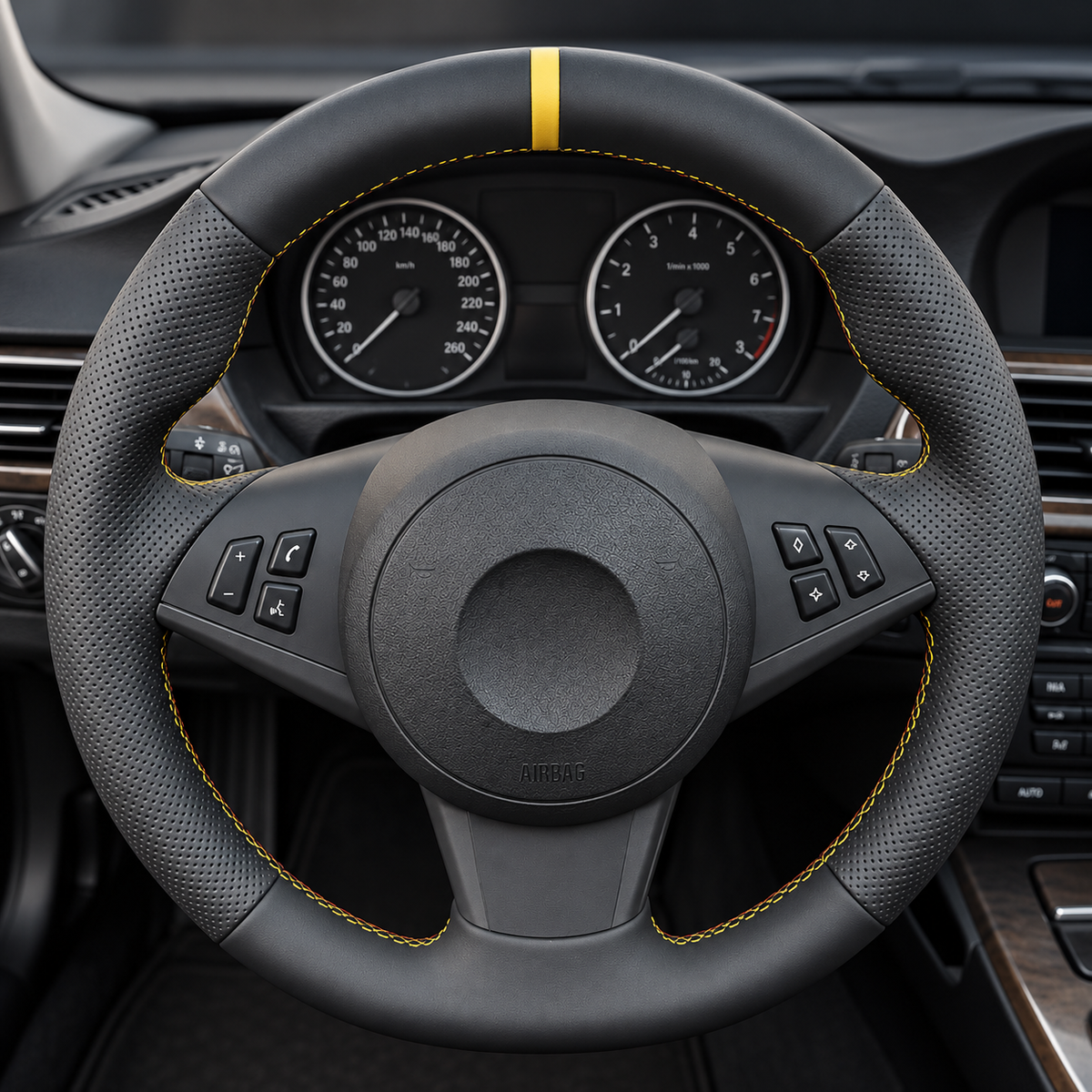 Performance Lenkradbezug passend für BMW E60 E61 E63 E64 – Leder – gelbe 12-Uhr-Markierung