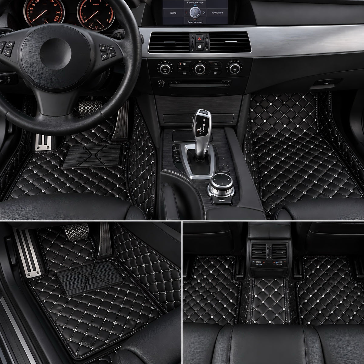 Performance Luxus Teppiche / Fußmatten passend für BMW E60 E61 E63 E64 5er 6er M5 M6 – Weiße Nähte