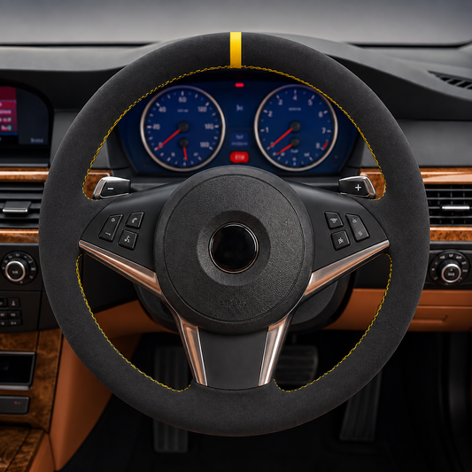 Performance Lenkradbezug passend für BMW E60 E61 E63 E64 – Alcantara – gelbe 12-Uhr-Markierung
