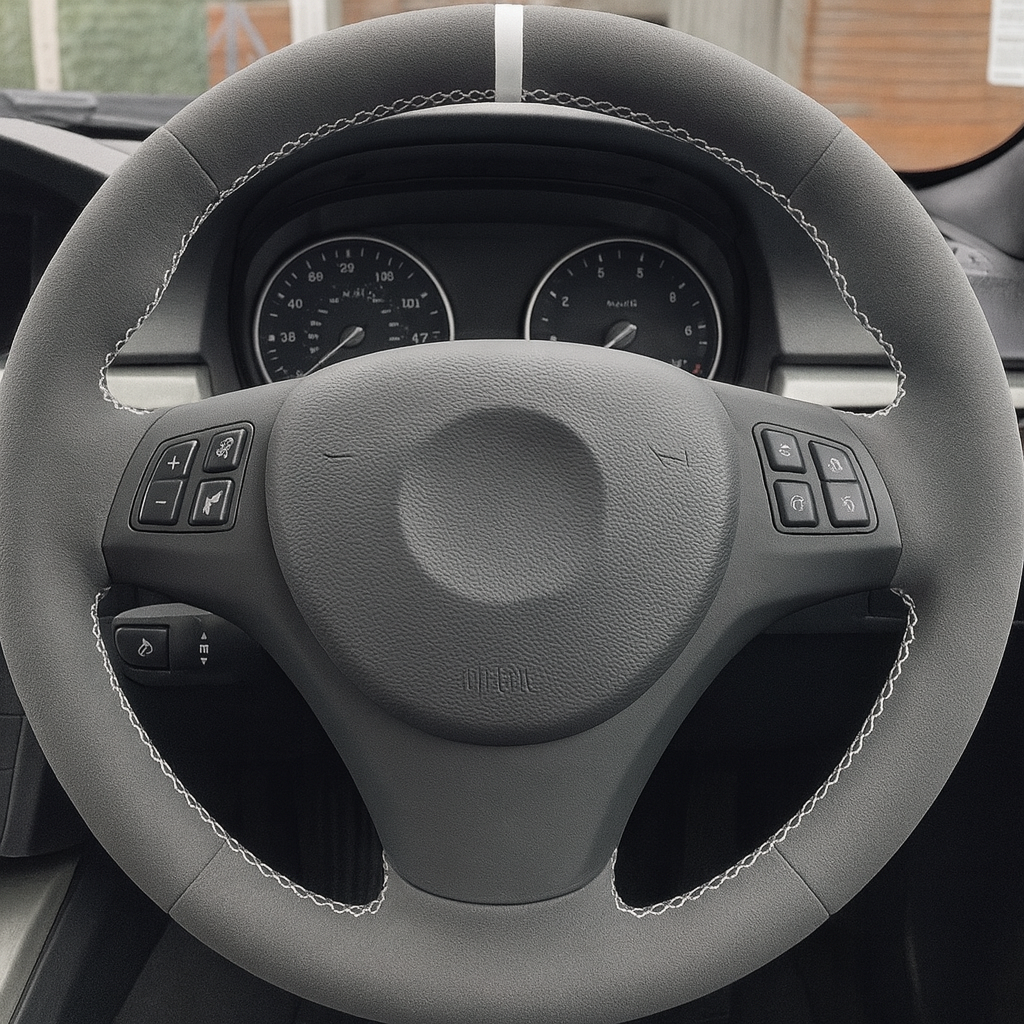 Performance Lenkradbezug - Alcantara mit 12 Uhr Markierung weiß - passend für BMW E90 E91 E92 E93 E81 E82 E87 E88
