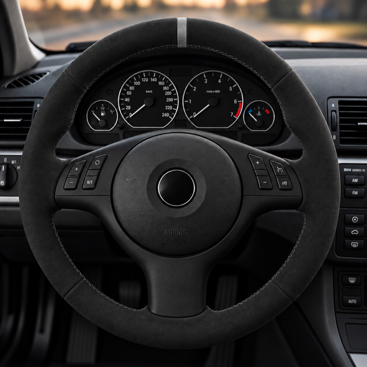 Performance Lenkradbezug passend für BMW E46 E39 E83 E53 Z3 – Alcantara graue 12-Uhr-Markierung