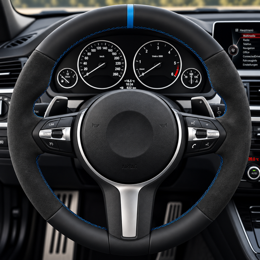Performance Lenkradbezug passend für BMW F20 F21 F22 F23 F45 F46 F87 F30 F31 F34 F80 F32 F33 F36 F82 F83 F10 F11 F07 F06 F12 F13 F48 F39 F25 F26 F15 F85 F16 F86 – Alcantara/Leder – blaue 12-Uhr-Markierung