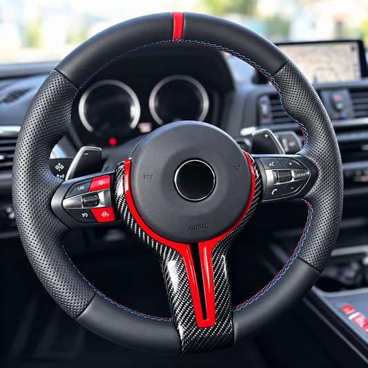 Echt Carbon Lenkradspange passend für BMW F20 F21 F22 F23 F30 F31 F32 F33 F36 F10 F11 F48 F39 F25 F26 F15 F16 – Rot