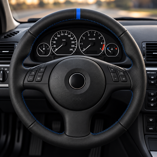 Performance Lenkradbezug passend für BMW E46 E39 E83 E53 Z3 – Leder blaue 12-Uhr-Markierung