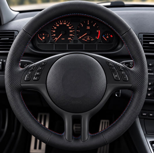 Performance Lenkradbezug passend für BMW E36 E46 E39 E38 E31 E83 E53 Z3 – Leder – rot/blaue Naht