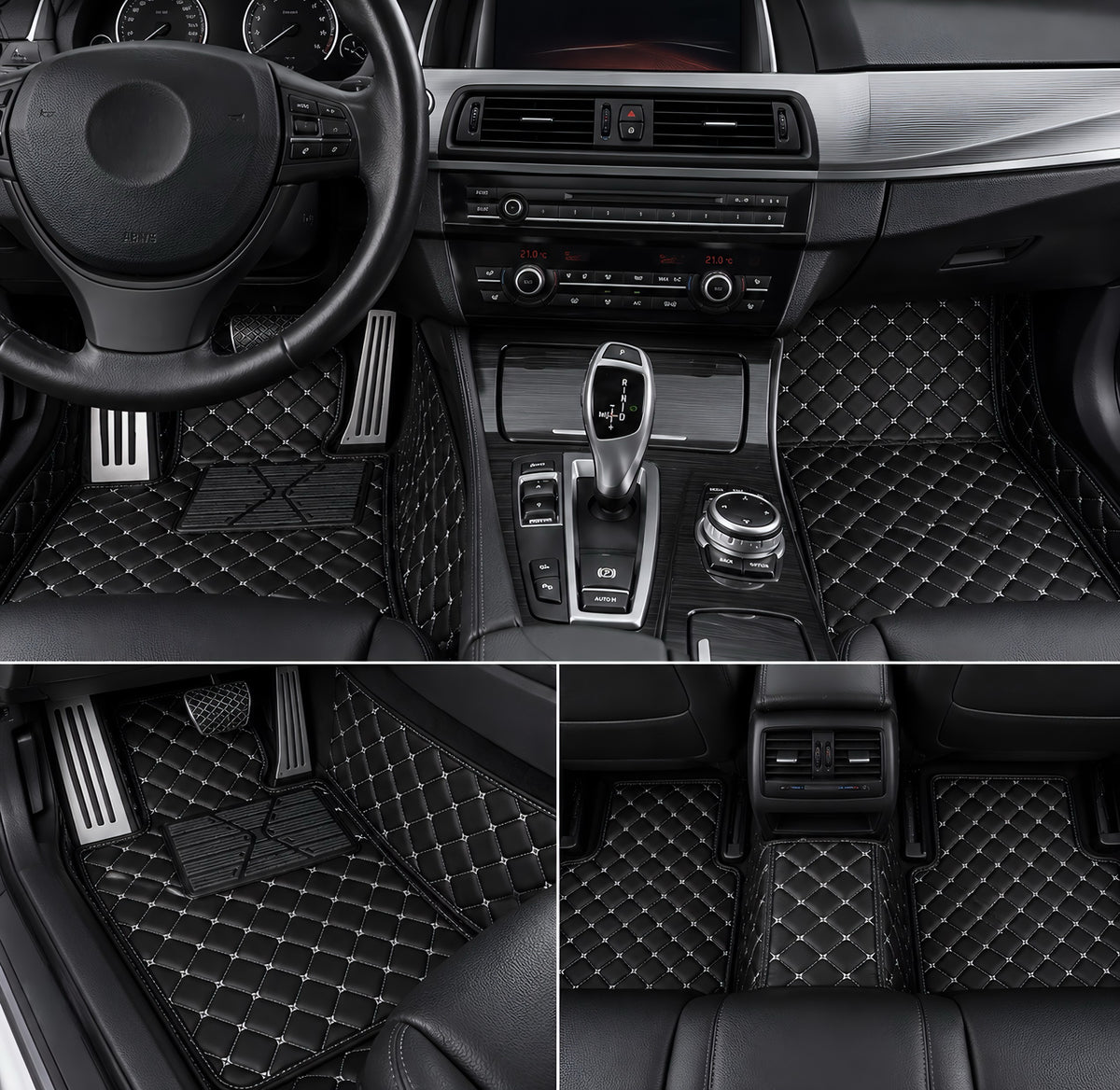 Performance Luxus Teppiche / Fußmatten passend für BMW F10 F11 F07 5er – Weiße Nähte