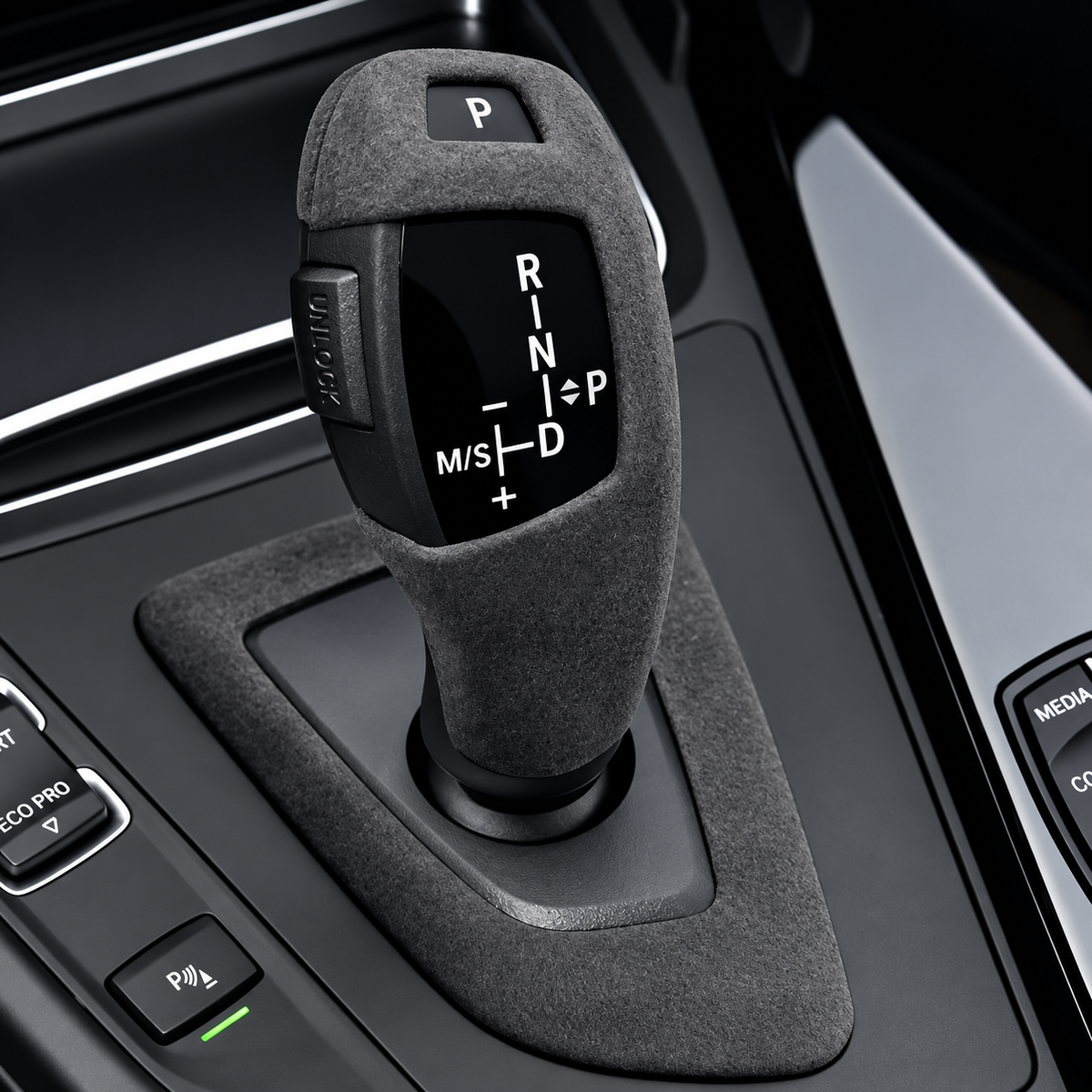 Performance Wahlhebelcover + Rahmen passend für BMW E60 E61 E63 E64 E70 E71 E72 – Alcantara