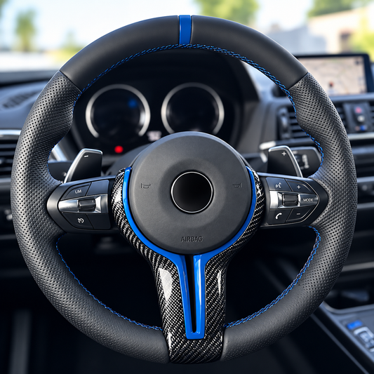 Echt Carbon Lenkradspange passend für BMW F20 F21 F22 F23 F30 F31 F32 F33 F36 F10 F11 F48 F39 F25 F26 F15 F16 – Blau