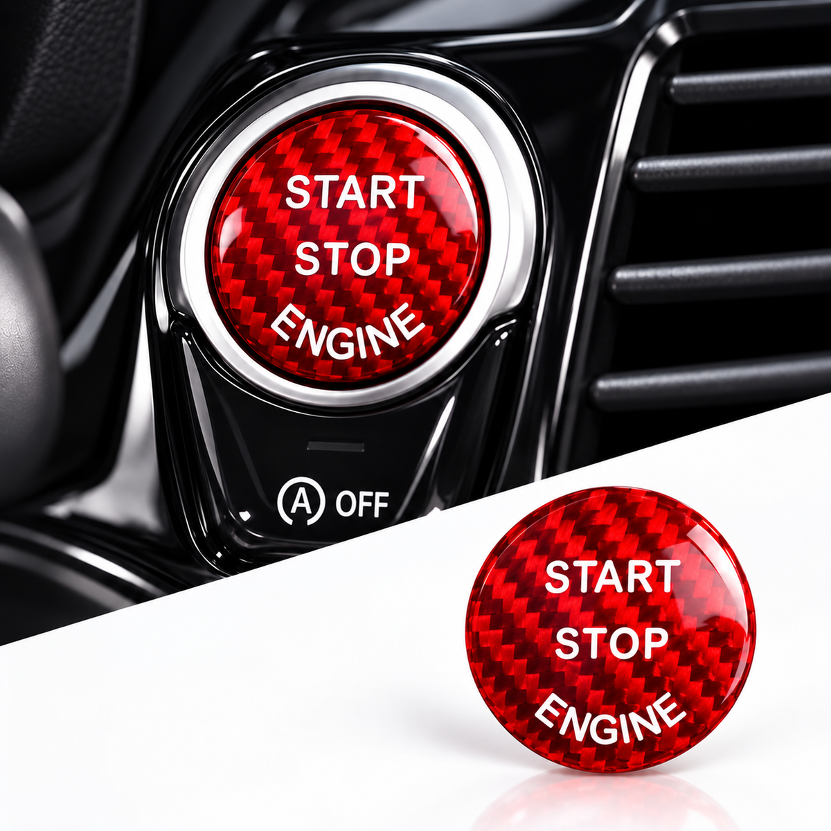 Startknopfcover Echt Carbon passend für BMW E81 E82 E87 E88 E90 E91 E92 E93 F20 F21 F22 F23 F30 F31 F32 F33 F36 F10 F11 – Schwarz/Rot